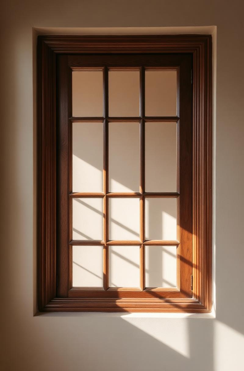 Architectural detail of a wooden window casting soft shadows